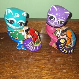 Mexican Folk Art Ceramic Cat Figurines Hand Painted Pottery Cats Set 2 Colorful